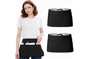 APRONPANDA 2PCS Waitress Apron, Black Waist Apron Short Half Server Aprons for Waitress Waiter Chef Women Men with 3 Pockets