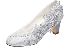 Emily Bridal Wedding Shoes Women's Silk Like Satin Chunky Heel Pumps with Stitching Lace Flower Crystal Pearl