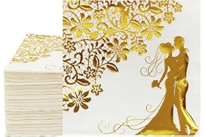 Wedding Serviettes Napkins, CEILIWEN 60pcs Disposable Wedding Dinner Napkins, White Gold Wedding Napkins, Napkins for Wedding Reception, Wedding Napkins, White and Gold Party Napkins, 33x33cm