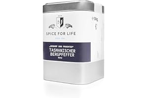 SPICE FOR LIFE SINCE 2008 DIE GEWÜRZJÄGER - FÜR DICH UNTERWEGS Spice for Life Tasmanischer Bergpfeffer - Tasmanische Pfefferbeeren sehr Scharf Edel Schwarz Ganz - Deluxe Pfefferkörner Grob für Steak - Fruchtig Süß mit einer warmen aber kräftigen Schärfe 50g