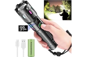 JAYXINLI Torches LED Super Bright 1000000 Lumen, Rechargeable Torch with LCD Power Display and Zoomable, High Powered LED Torch 5 Light Modes, Powerful Tactical Torches for Camping, Dog Walking