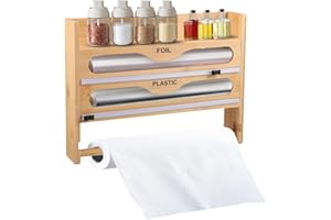 STRIXORN Folienspender mit Cutter, 4 in 1 Folienschneider aus Bambus, Frischhaltefolie Abroller Folienspender mit Küchenrollenhalter, Kitchen Organizer Aufbewahrung für Aluminiumfolie, Frischhaltefolie