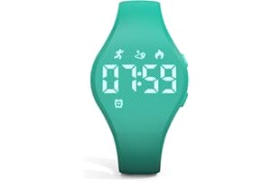 Focwony Digitale Fitness-Tracker-Uhr für Kinder mit LED-Anzeige, für 5–15 Jahre, wasserdichte Armbanduhr ohne App, mit Schrittzähler, Wecker, für Kinder, Jungen, Mädchen, Teenager (Dunkelgrün)