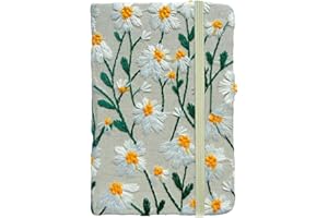 ipoul Pocket Journal, Small Notebook, A6 Sketchbook, 4x6, Unlined, Flower Embroidered Notebook, Blank, Hardcover, Lay Flat, Elastic Band, Beautiful Journal, Daisy Gifts for Women, White Daisy