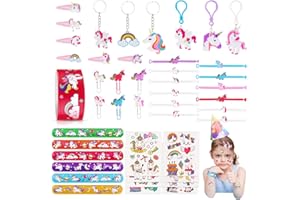 JOYUE Zestaw 50 upominków z jednorożcem, dekoracja na imprezę z jednorożcem, prezenty urodzinowe dla gości, zawiera bransoletki z jednorożcem, breloczki do kluczy, tatuaże, spinki do włosów, zakładki