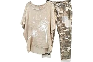 Femme Ensemble de Survêtement Coton et Lin Printemps Chic Chemisier + Pantalon de Joggings Tenue de Sport Décontracté Streetwear Manches Chauve-souris Camouflage Respirant Set Outfit