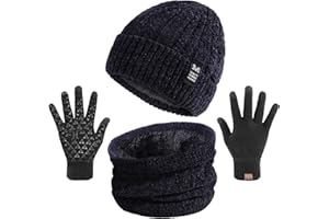 TAGVO 3in1 Inverno Berretto Scaldacollo Guanti Set, Inverno Termico Elastico Addensare Warm Fleece Fodera Cappello Sciarpa 3 Dita Guanti Touch Screen,Coordinati Invernali da Uomo Donna