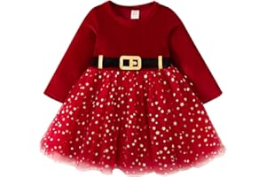 Geagodelia Vestito di Natale per Bambina Abito Neonata con Manica Lunga a Girocollo Abito da Principessa Rosso Vestito Natalizio Bimba Autunnale Invernale