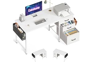 Coleshome Bureau avec 3 Tiroirs en Tissu, Bureaux Informatique avec Porte-Casque et Sac de Rangement, Bureau D'ordinateur Réversible pour Petit Bureaux à Domicile (Blanc, 120x48cm)