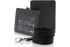 WLine Porta Badge da Collo in Pelle PU Saffiano - Portabadge con Taschino Trasparente Anteriore (Nero Saffiano Orizzontale)