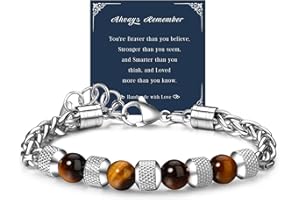GEMAURA Men's Stainless Steel Bracelet - 8MM Tiger Eye Natural Stone Beads, Adjustable Silver Chain, Lucky Jewelry Gift