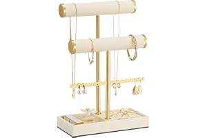 Lolalet 3 nivåer smyckesstativhållare, armband halsband display – beige | Hängande smyckesställ i PU-läder med förvaringsbricka, ringklocka armring örhängesorganisatör, gåvor sovsal rumsdekor för