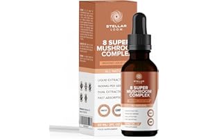 STELLAR LOOM Organic 8 Super Mushroom Liquid Drops (60ml) - 48,000mg | Lion's Mane, Chaga, Cordyceps, Reishi, Shiitake, Maitake, Turkey Tail & Agaricus Blazei | Vegan & Gluten-Free | Maximum Potency