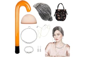 Aoreety Old Lady Cosplay Set Granny Fancy Dress With Granny Wig, Glasses Pearl Accessories for Halloween Party Retro Stage Cosplay World Book Day Costume Accessories-afro wig