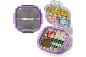 ‎ONTERATE ONTERATE Organizer na Leki Podróżne, 7 Przegródek na Małe Pudełko na Leki do Kieszeni Torebki, Przenośny Pojemnik na Małe Leki, Wodoodporny Mini Pojemnik na Leki (Fioletowy)
