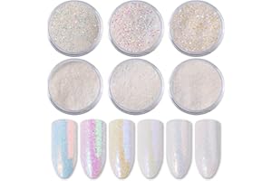 SUXGUMOE Nail Glitter Powder, 6 Color Chrome Nail Powder Aurora Pearl White Nail Powder Holographic Mermaid Mirror Effect Glitter Sequins for Nail Art Decoration (A)