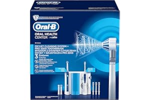 ‎ORAL-B Oral-B Pro 2000 Elektrische Zahnbürste mit OxyJet Munddusche, 3 Aufsteckbürsten, 4 Ersatzdüsen, Set für Zahnreinigung und Zahnpflege, Geschenk Mann/Frau, Designed by Braun, weiß/blau (1erPack)