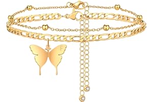JOPLY 2 Pieces Ankle Bracelets for Women, Butterfly Initial Ankle Chain Double Layer Adjustable Gold Anklets, Letter Beaded Anklet Summer Foot Chain Anniversary Birthday Jewelry Gift for Her Girlfriend Wife