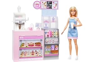Barbie - Caffetteria, playset con bambola barista bionda e 12+ accessori a tema inclusi, tra cui macchina per caffè e frullati, tazze e cibo, giocattolo per bambini, 3+ anni, HXN94