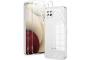 Votvloay Case for Samsung Galaxy A12 / M12 Transparent with 2 Pieces Screen Protector, Transparent Mobile Phone Case Tempered Glass Protective Case Silicone TPU Gel Case Cover Protective Glass for