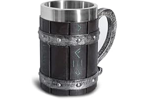VOSSOT Nordic Viking Rune - Boccale da birra, in legno di quercia, misura grande, con acciaio inox, legno e resina, 3D, per uomini, regalo per la festa del papà, 550 ml
