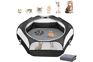 PAWABOO Parc pour Petits Animaux 2-en-1 avec Coussin, Cage pour Petits Animaux Imperméable avec Coussin Réutilisable, Clôture de Cour Extérieure avec 3 Tiges en Métal pour Poussin/Chaton/Chiot, Noir