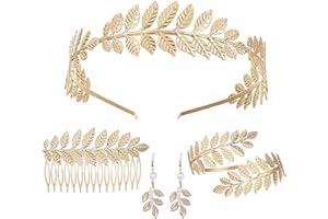 Ceeyoll 5 Pezzi Corona Dea Tiara,Parure Gioielli Donna,Orecchini Foglia Oro Perla,Costume Dea Greca Set di Gioielli,Orecchini Bracciale Pettine per Donne in Feste di Matrimonio Uso Quotidiano.