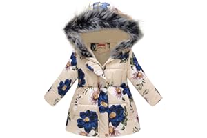 Qiraoxy Girls Winter Coat Fur Collar Hooded Jacket Leopard Print Windproof Warm Jacket Long Sleeve Long Padded Overcoat Children Hooded Cotton Parka Coat