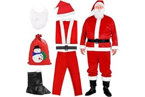 GLOSKIN Disfraz de Papá Noel 7 en 1, Disfraz de Santa Claus con Gorro, Barba, Camisa, Cinturón, Pantalones, Botas y Bolsa para Fiestas de Rol Navideñas, Celebraciones Navideñas, Carnaval y Fiestas Temáticas
