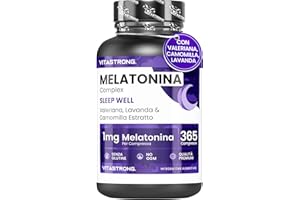 VITASTRONG. Melatonina Vitastrong Complex 365 Micro-Compresse, 1mg con Camomilla, Valeriana, Lavanda e Vitamina B6, Melatonina per Dormire, Sonno, Jet Lag, Pura Lento Rilascio Senza Zucchero