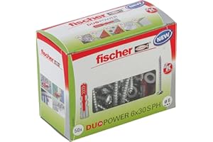 fischer DuoPower 6 x 30 S PH, powerful universal plug with panhead screw, intelligent 2-component technology for fastenings in concrete, bricks, stone, gypsum plasterboard, etc., 50 plugs & 50 screws