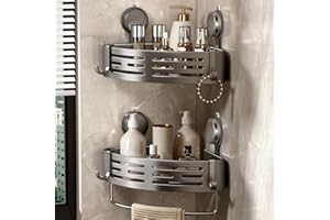 Voldra Corner Shower Caddy Suction Cup, Shower Shelf Coner No Drilling Bathroom Coner Shelves Suction Shower Organiser Rack Adhesive Corner Caddy with Towel Bar Wall Mounted(2-Pack, Grey)