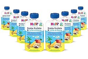 HiPP - Frutta Frullata e Latte di Cocco Bio, Purea per Bambini al Gusto Mela, Banana e Mango con Avena Integrale, Senza Zuccheri Aggiunti, 8 Confezioni da 90 gr