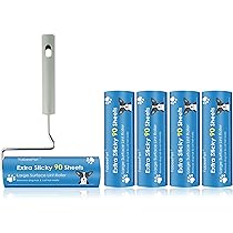 Frescares Rullo per pelucchi extra appiccicoso per moquette con manico lungo, per rimuovere peli di animali domestici, grande per mobili, rulli adesivi per pavimenti (1 rullo lanugine + 4 ricariche