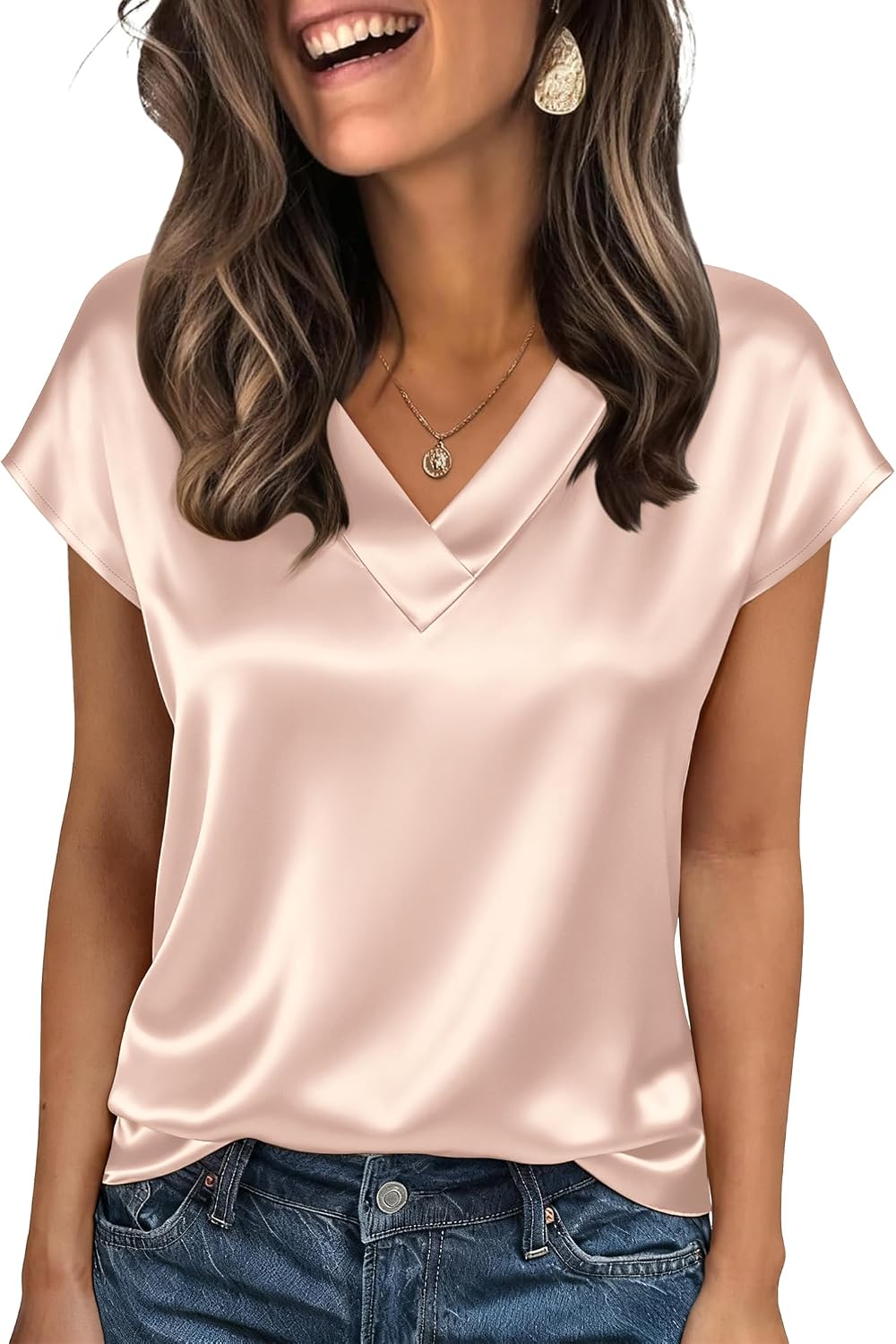 Zeagoo Blusa satén Mujer Manga Corta Cuello en V Seda Tops Elegantes Camisas de Negocios Blusa de Seda de Verano Silk Blouse Tshirt