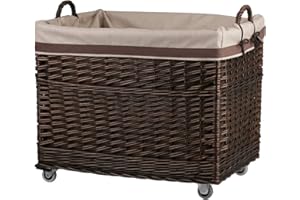 E-WICKER24 Vollweidener Kaminkorb, rechteckig, Rollkorb aus Weide, Rollkorb für Kaminholz, Rollkorb mit Stoffbesatz (Dunkelbraun)