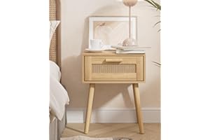 HEYZOEY Bedside Tables,Rattan Nightstands with Solid Wood Legs,Modern Night Stands with Rattan Weaving Drawer, Bedside End Table for Bedroom,Living Room (Yellow)
