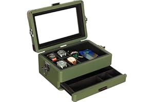 CASE ELEGANCE Caja organizadora Militar para Reloj con 10 Ranuras para Hombres, Parte Superior de Cristal Real, Bandeja de Valet Modular, Reloj Apple Compatible con Soporte para Reloj Apple, Verde