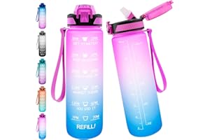 Frogetu Borraccia con cannuccia, borraccia sportiva da 1 l, senza BPA, in Tritan, a prova di perdite, con indicazione del tempo per fitness, palestra, bicicletta, scuola, tinta unita (gradiente di