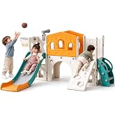 Hoopyosms Large Children's Slide with Climbing Ramp, Green | 9-in-1 Slide &amp; Climbing Structure with Platform, Tunnel, Basketb