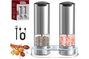 TAVADA Molinillo Pimienta Electrico, [Juego de 2] Molinillo Sal y Pimienta de Acero Inoxidable, Salero Electrico Recargable, Funcionamiento con una Sola Mano, Luz LED, Grosor Ajustable