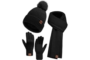 heekpek Mütze Schal Touchscreen Handschuhe Set für Damen Winter Frauen Geschenkset Beanie mit Bommel Fleece Gefütterte Warm Wintermütze 3 in 1 Set