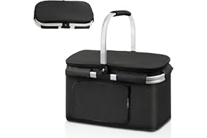 Ecofocet 25 l vikbar picknickkorg, vikbar shoppingkorg, termisk korg med lock, stor termisk väska med ram och aluminiumhandtag, för shopping, picknick och camping, 41 × 25 × 24 cm (Schwarz)