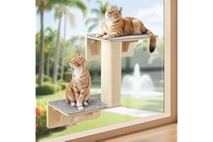pecute Hamaca para gatos de doble capa con poste rascador, estante de pared de madera maciza resistente, ventosa fuerte, adecuada para ventanas de vidrio y paredes interiores, adecuada para tomar el