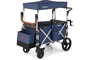 COSTWAY Push Pull Stroller Wagon for 2 Kids, Collapsible Trolley with Adjustable Handle Bar, Removable Canopy, 5-Point Harness and Drapes, Outdoor Camping Cargo Cart (Navy)