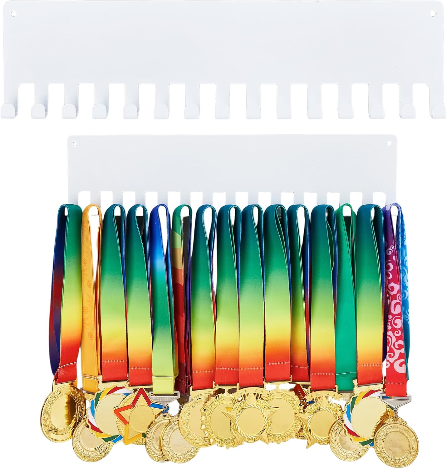 Superdant - Portamedallas metálicas, estilo básico, diseño minimalista, soporte para medallas, 15 ganchos, organizador de cintas para recompensas deportivas, montaje en pared, 40 x 10 cm