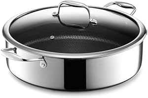 HexClad Hybrid Nonstick 7-Litre Sauté Pan with Tempered Glass Lid, Chicken Fryer, Stay-Cool Handles, Dishwasher-Friendly, Oven-Safe Up to 480°C, Induction Ready, Compatible with All Cooktops
