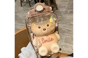 MERRWON Bär Kawaii Trinkflasche 1 liter - Auslaufsicher Trinkflasche Kinder Bärenflasche mit Kawaii Sticker und Schultergurt, Tragbare Kinder Wasserflasche für Schul, Reisen, Picknick