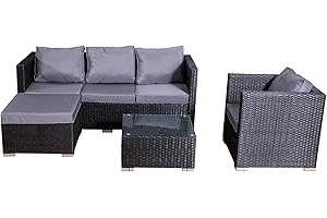 Wowcher 4 Piece Rattan Corner Sofa Set 5 Seater Canonbury Garden Furniture L-Shaped Sofa 5mm Glass-Topped Coffee Table Cushions with Removable Washable Covers Galvanised Steel Frame Black