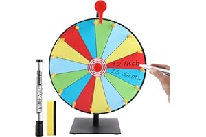 AKOLAFE 12 Inch Heavy Duty Spinning Prize Wheel Tabletop Colour Wheel 15 Slots Roulette Spinning Game Spinning Wheel Roulette Wheel Game Set with Dry Erase Marker Eraser and Metal Stand for Party